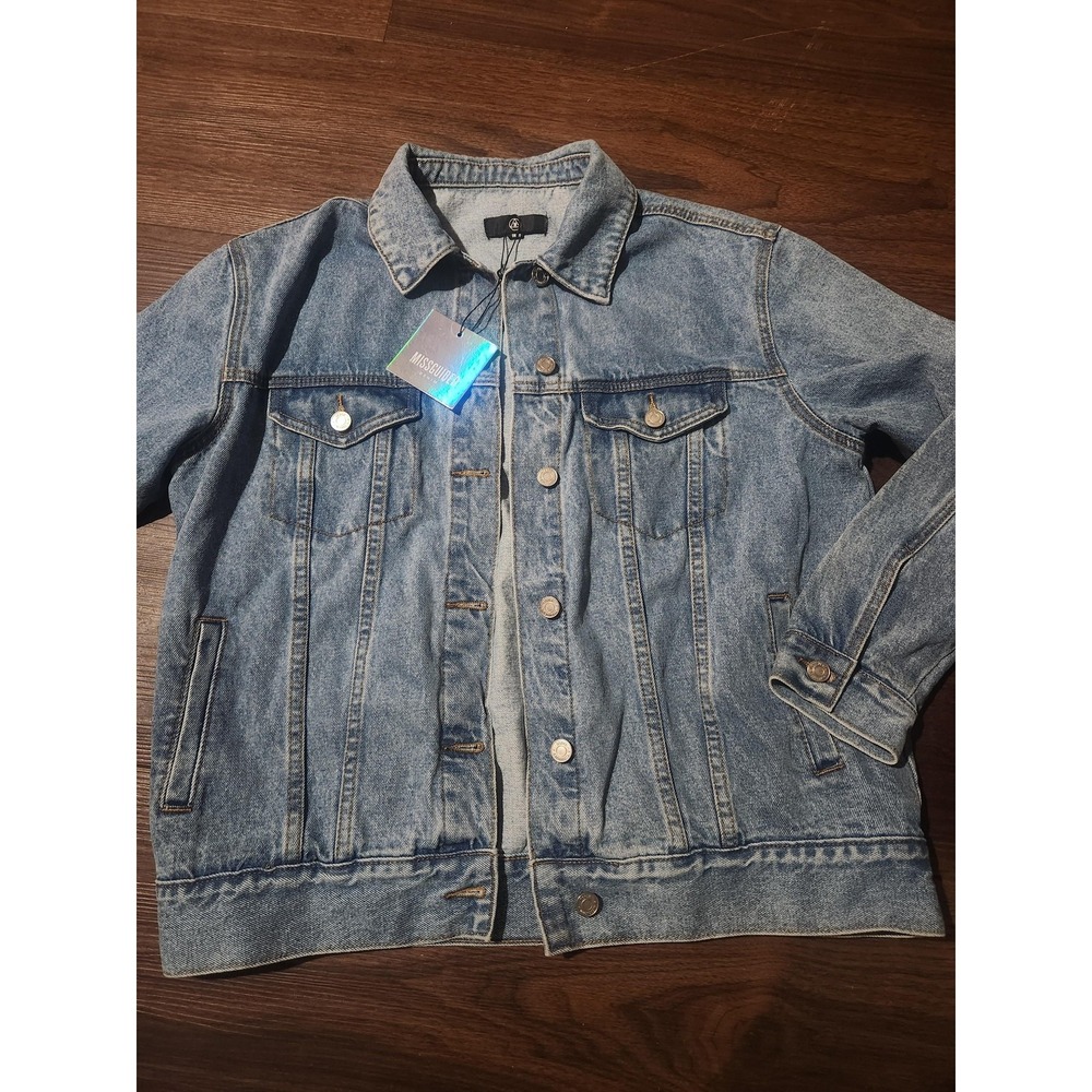 Missguided Jacket Womens Medium Blue Denim Hand Painted Univ Of OK Rainbow Back